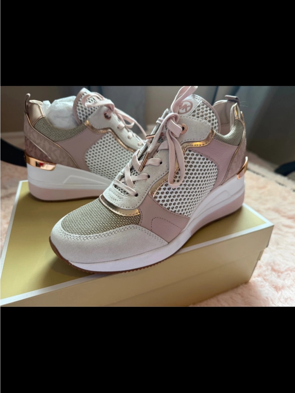 Michael Kors Blush Pink and Metallic Gold Wedge Sneakers size 8